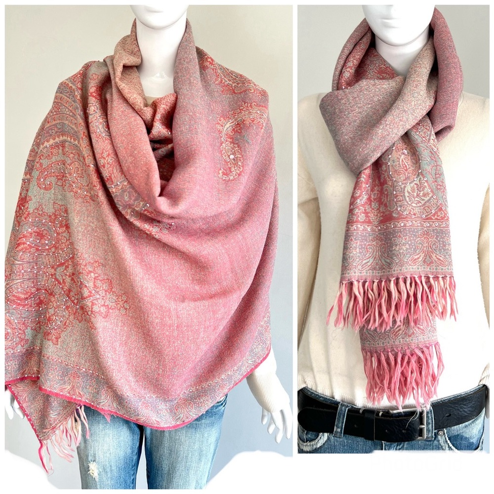 100% Pashmina Handmade Pink Turquoise Paisley Crystal Bead Long Wrap Shawl Scarf
